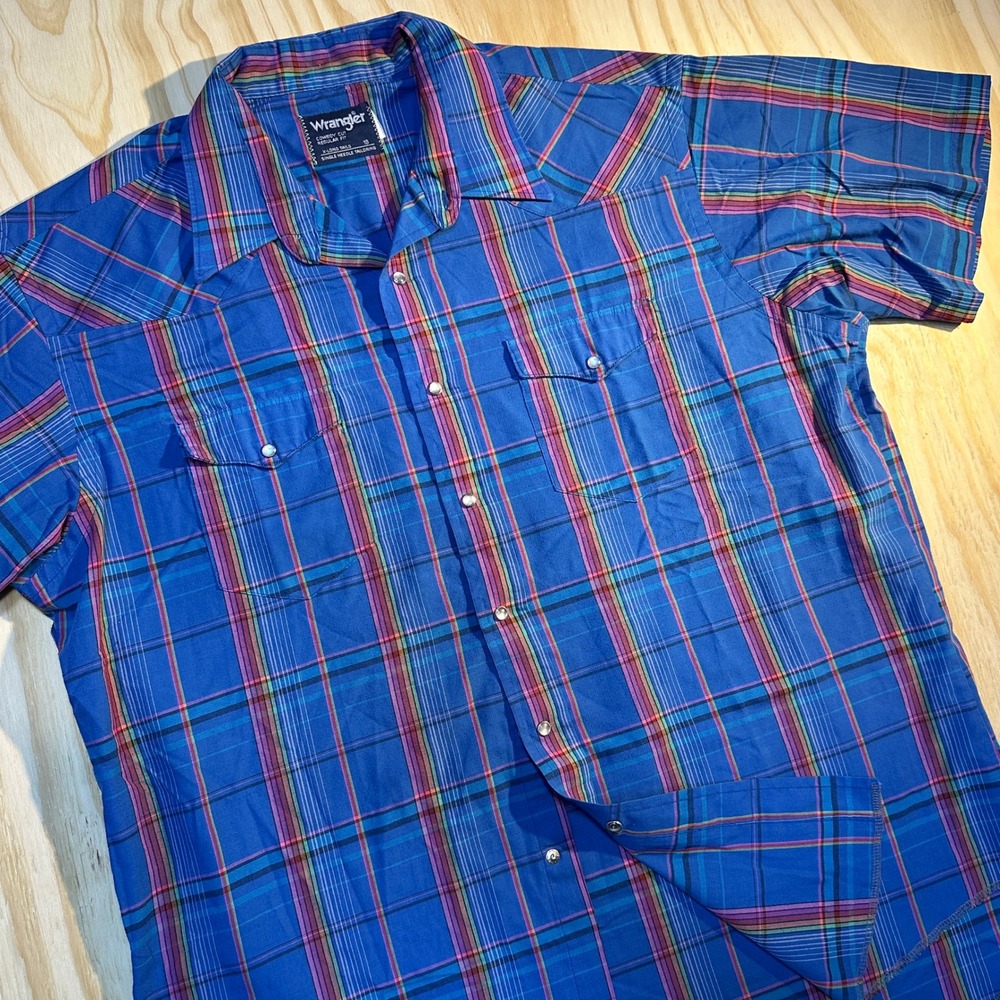 Wrangler Cowboy Cut Western Shirt Mens 18 Blue Plaid Pearl Snap Short Sleeve